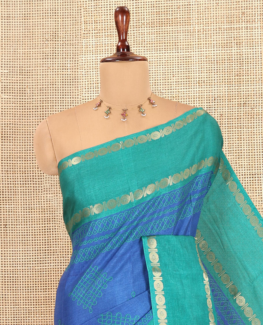 Blue Art Tussar Saree, Adorned with Kolam Buttas, a Contrast Rettai Pettu Rudraksham Border, Kolam Pallu, and a Contrast Blouse