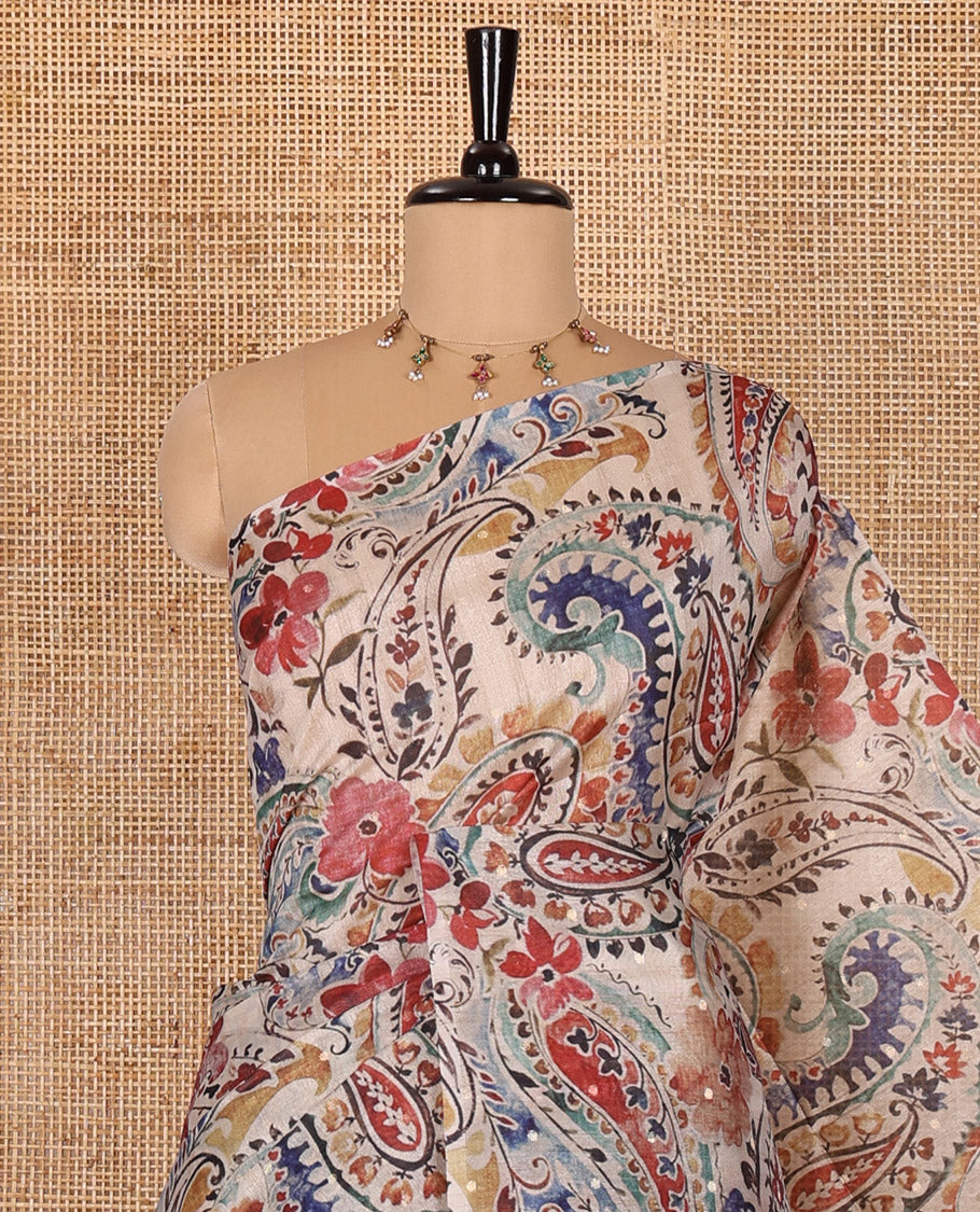 Borderless chikku-base multi-colored intricate paisleys digital printed with buttas fancy tussar saree with a jaal printed blouse