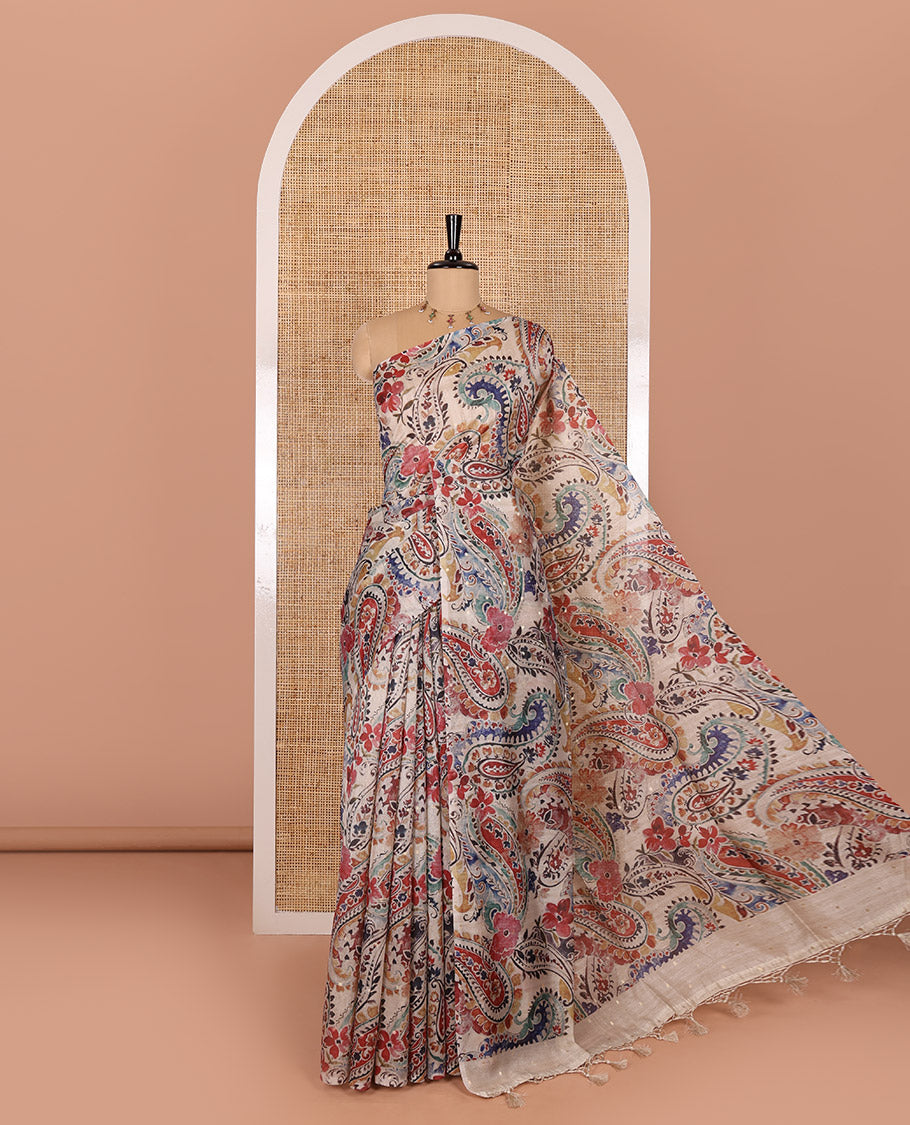 Borderless chikku-base multi-colored intricate paisleys digital printed with buttas fancy tussar saree with a jaal printed blouse