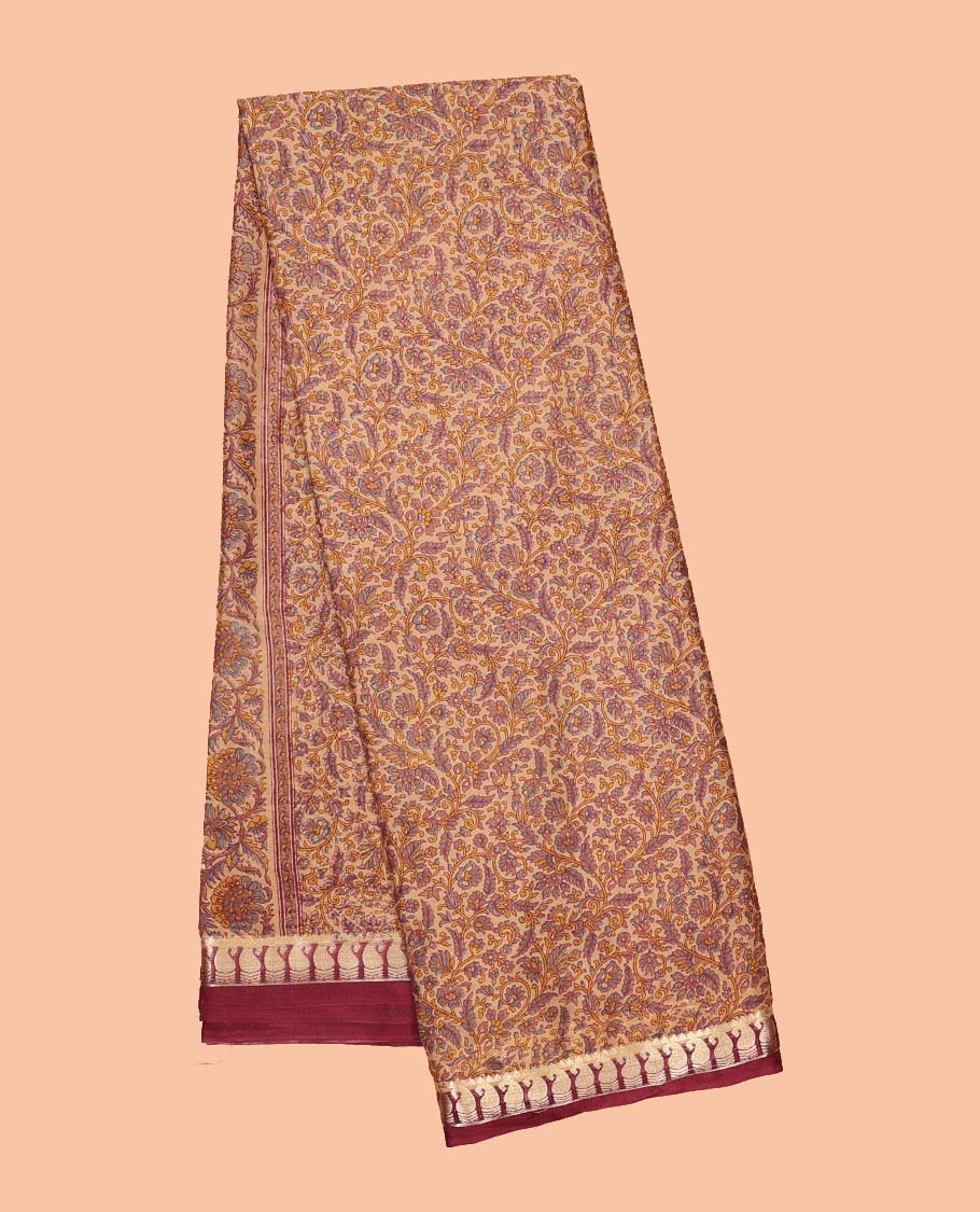 Sandal micro-motifs printed semi-banaras printed saree, contrast paisleys border & intricate pallu