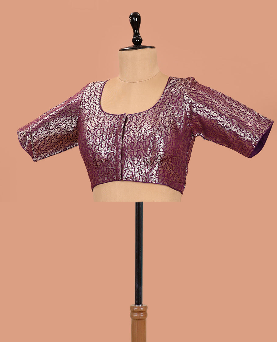 Purple Readymade Blouse Enthralled with Jacquard Design, Featuring a Front Round Neck, Back Round Neck, and Elbow Sleeves