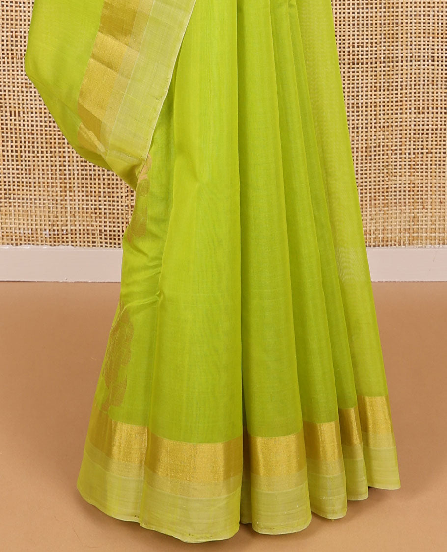 Light green floral motifs silk cotton saree with self zari border & floral design pallu