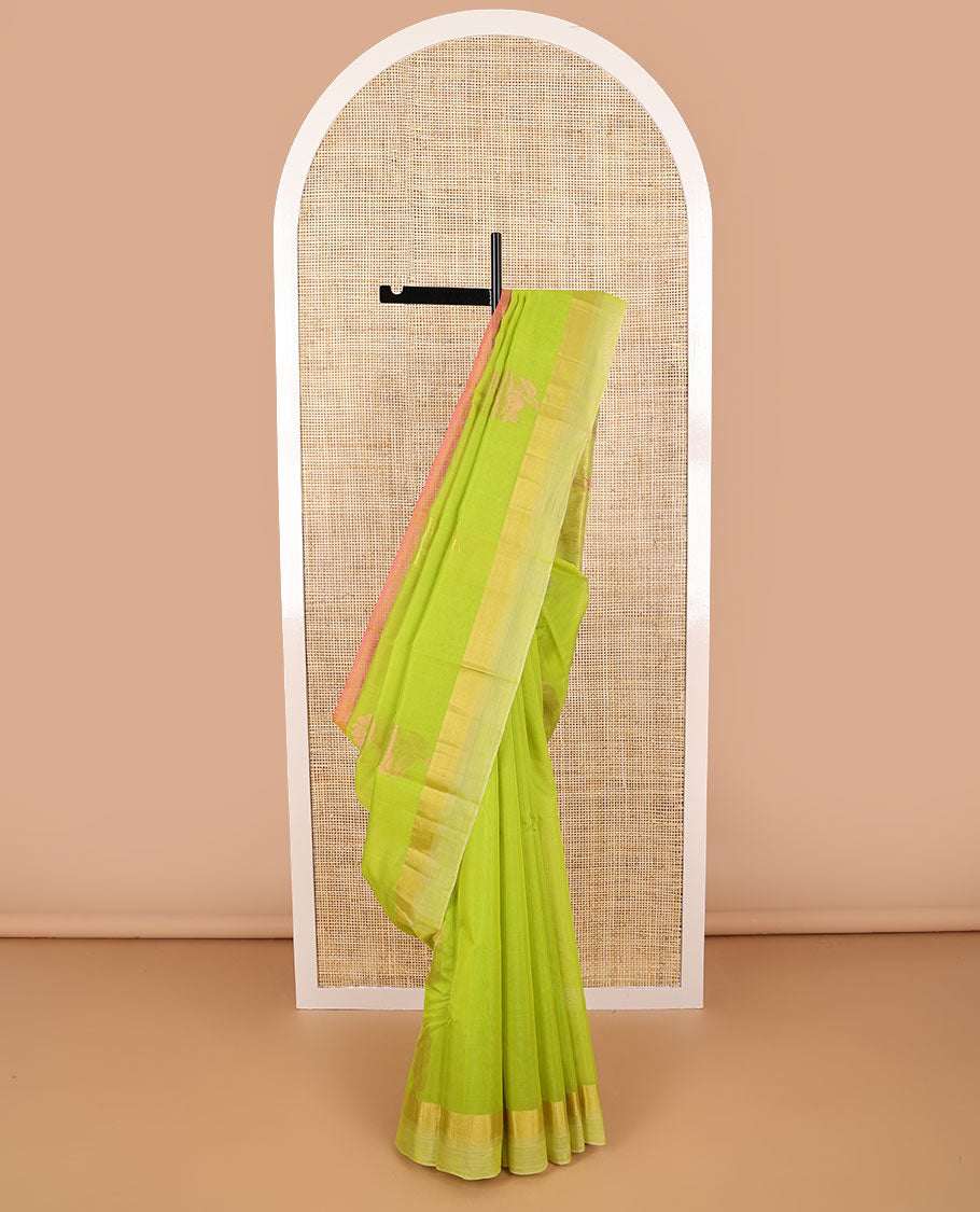 Light green floral motifs silk cotton saree with self zari border & floral design pallu