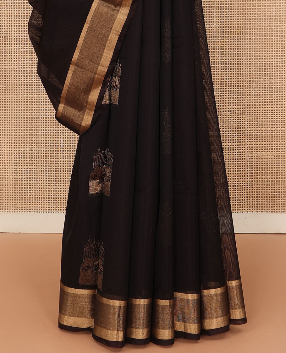 Brown zari buttas silk cotton saree, zari border, and pallu steeped with leaf motifs in zari