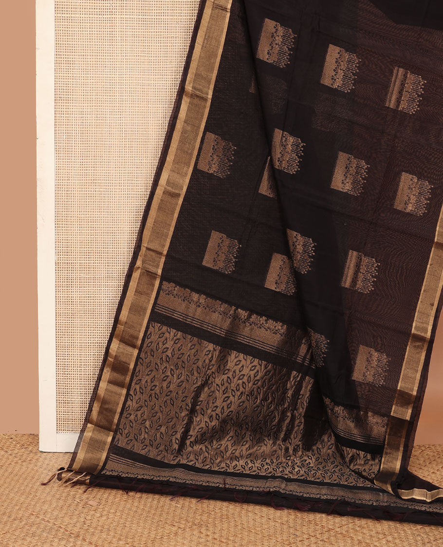 Brown zari buttas silk cotton saree, zari border, and pallu steeped with leaf motifs in zari