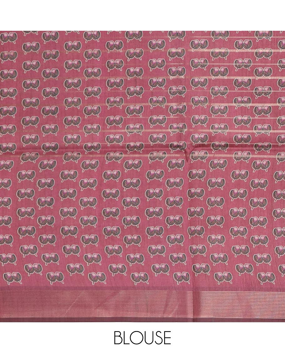 Multi-color striped and floral vine printed tussar silk saree, contrast crane bird printed border, and zari woven pallu