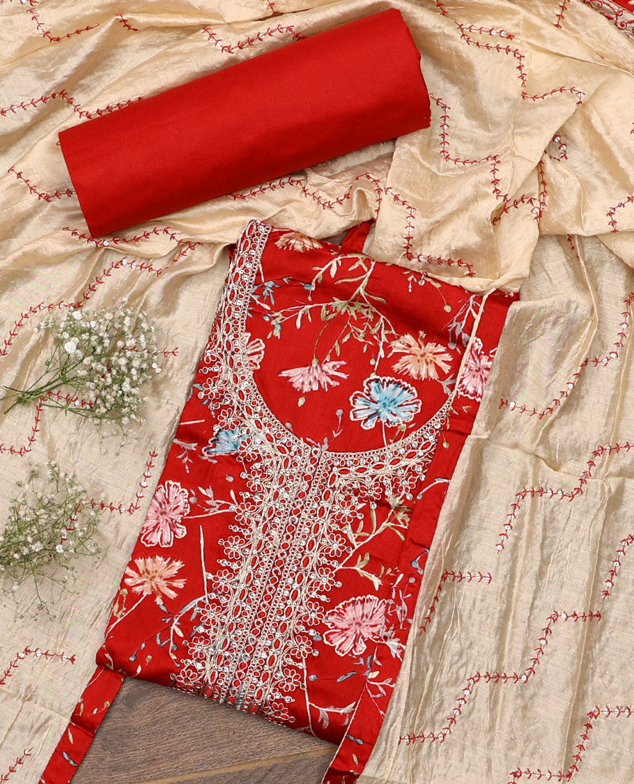 Red material chudidar set, floral print with neck embroidered top, plain bottom, and contrast chevron sequins-thread striped dupatta