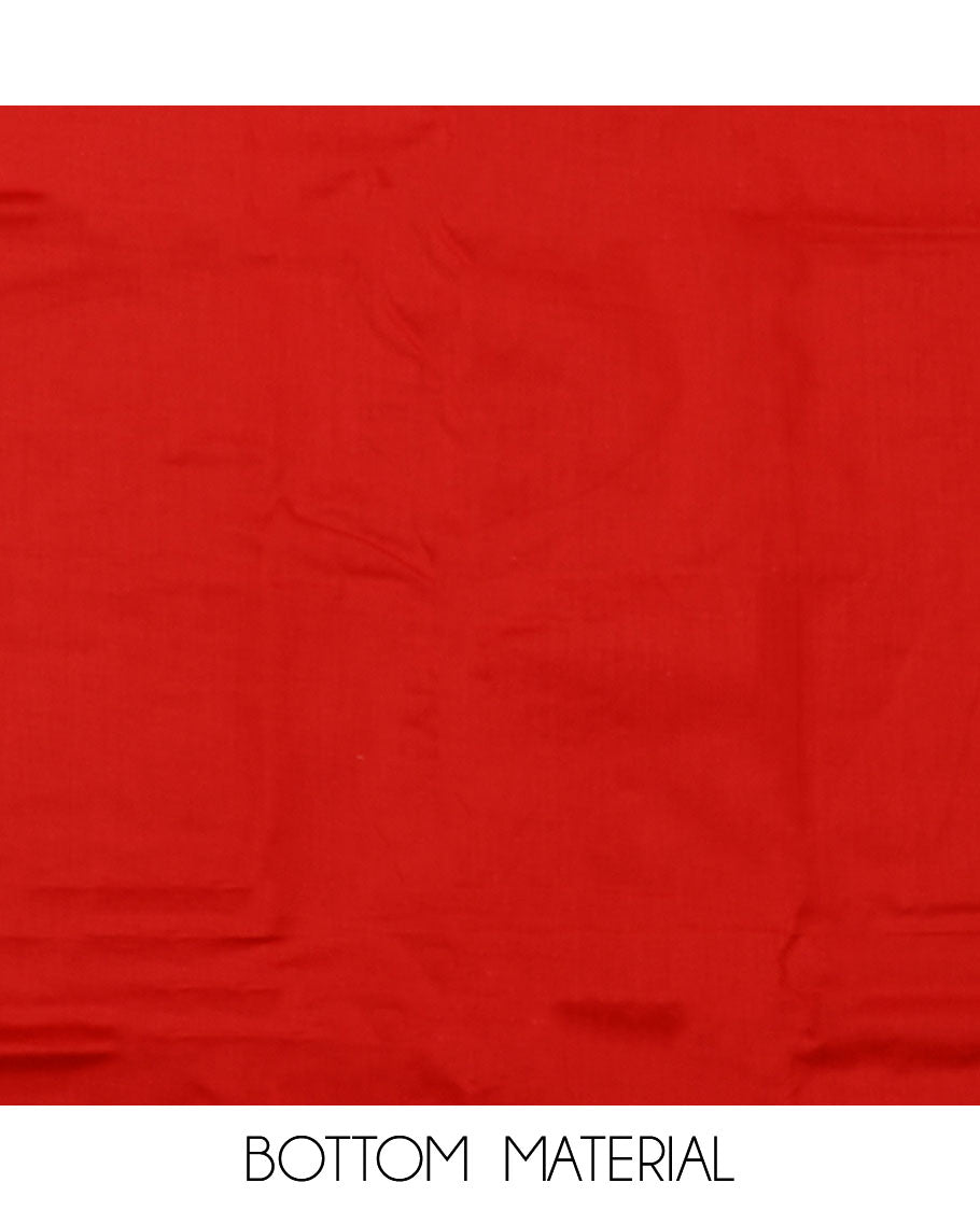 Red material chudidar set, floral print with neck embroidered top, plain bottom, and contrast chevron sequins-thread striped dupatta