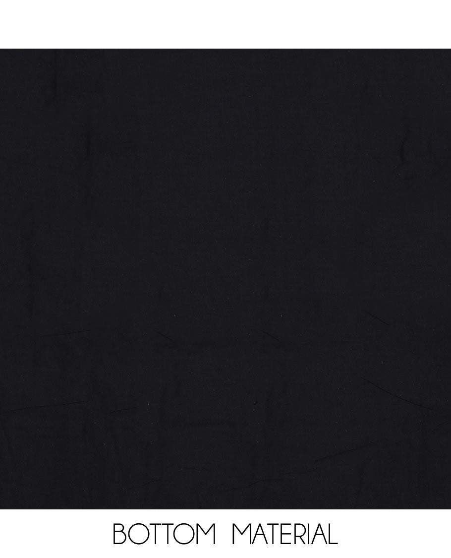 Black material chudidar set, floral thread embroidered top, plain bottom, and contrast chikankari-style thread embroidered dupatta