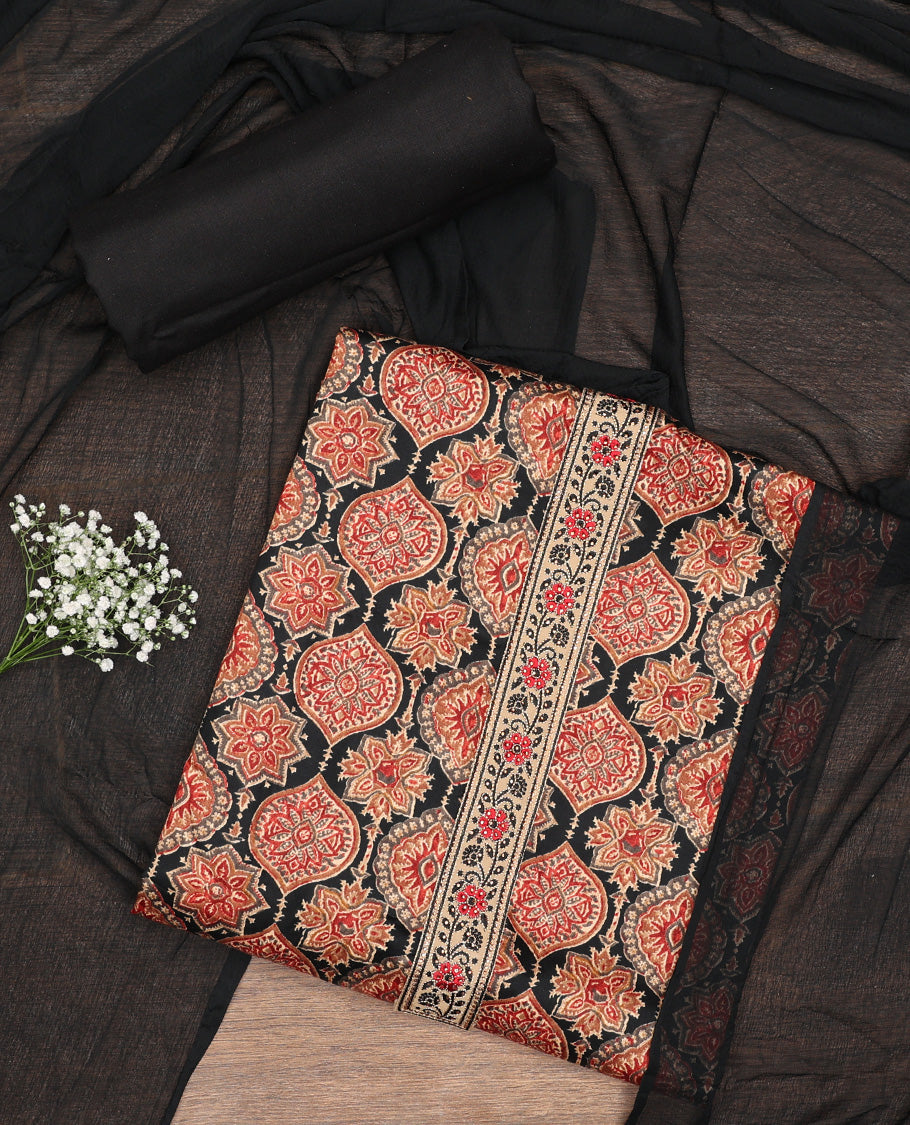 Black chudidhar material set floral design with thread embroidery, plain bottom and plain, floral design border dupatta