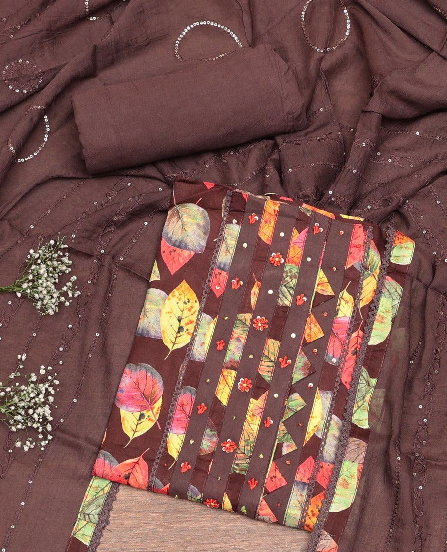 Brown Cotton Material Churidar Set, Artfully Detailed with Leaf Motifs Top, Matching Bottom, and Sequins Embroidered Dupatta