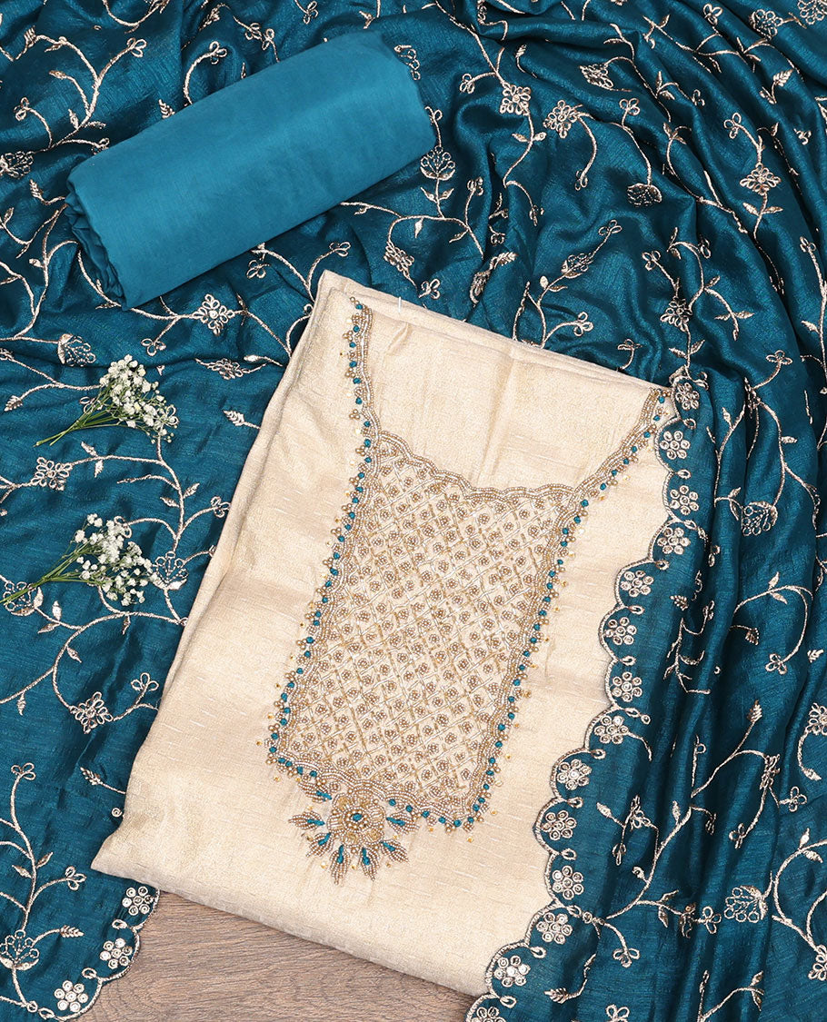 Cream-Blue Tissue Material Chudidar Set