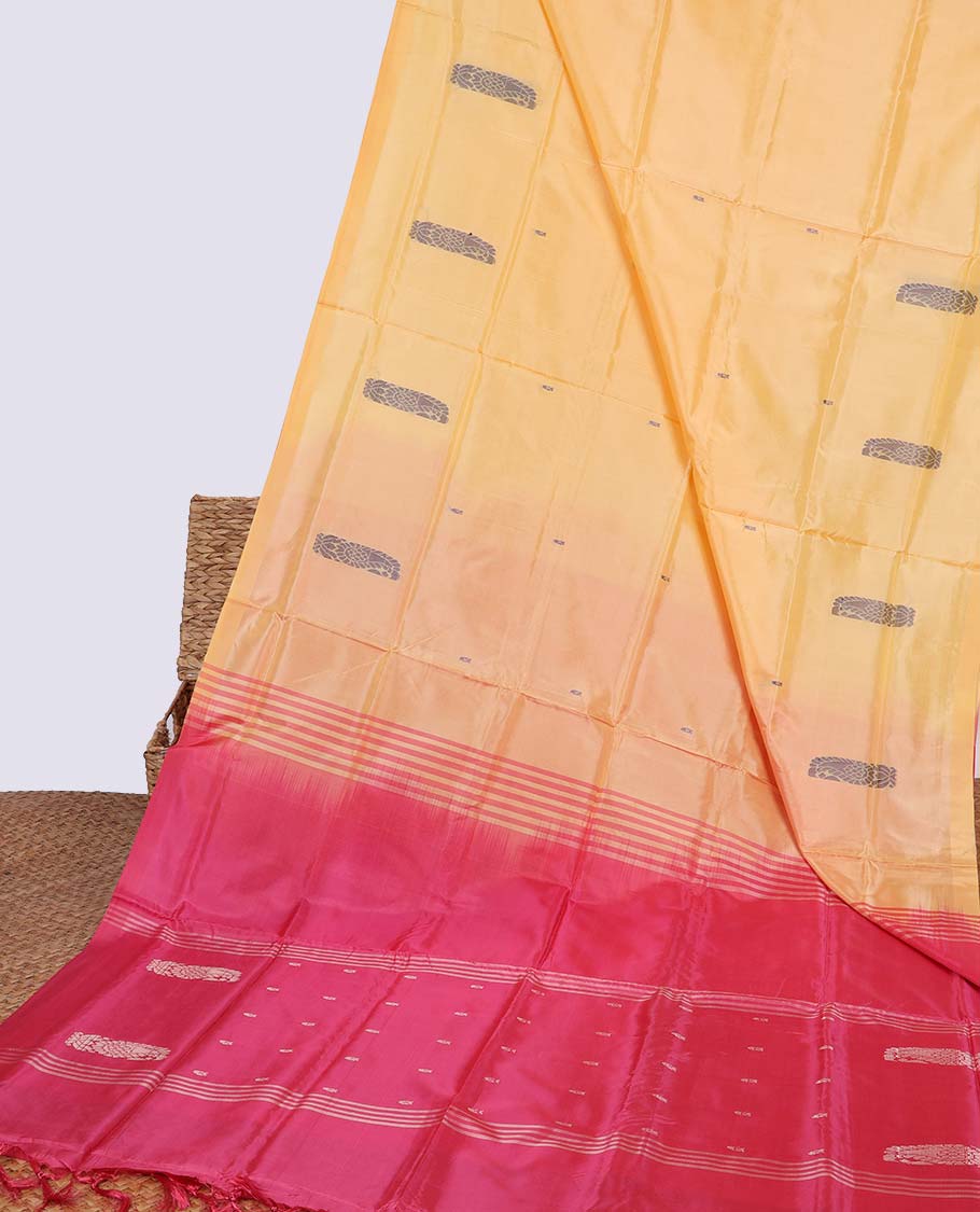 Borderless yellow floral motifs banana pith saree & striped, floral motifs pallu