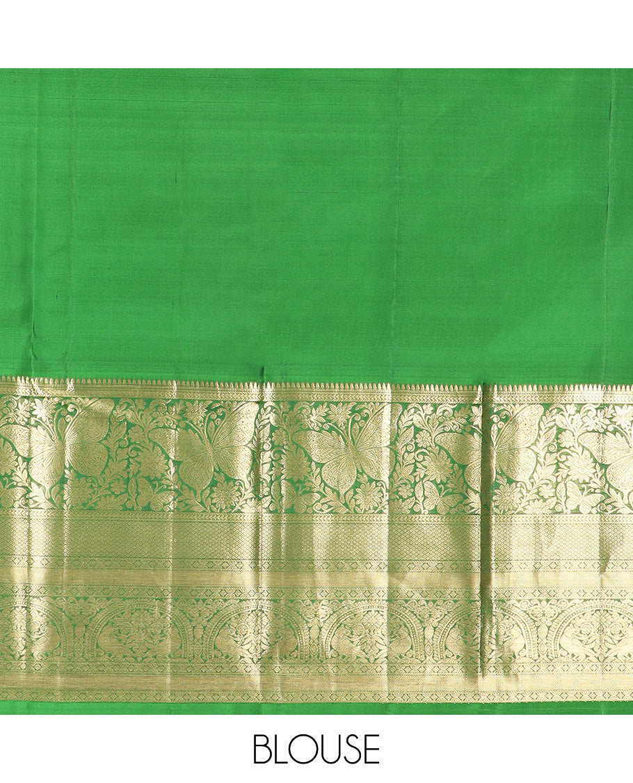 Yellow Kanchipuram Silk Saree Adorned with Jacquard Design, Complemented by Contrast Border of Rekku, Kathir, Mayil, Butterfly, and Then Kuli Kann Designs, Pallu Woven with Intricate Zari Designs, and Paired with a Contrast Blouse