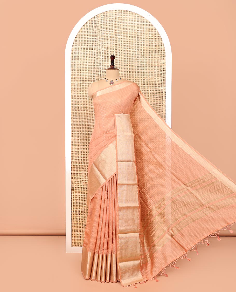 Peach Plain Assam Silk Saree, Complemented by a Contrast Traditional Zari Border, Zari-Design Pallu, and a Contrast Blouse