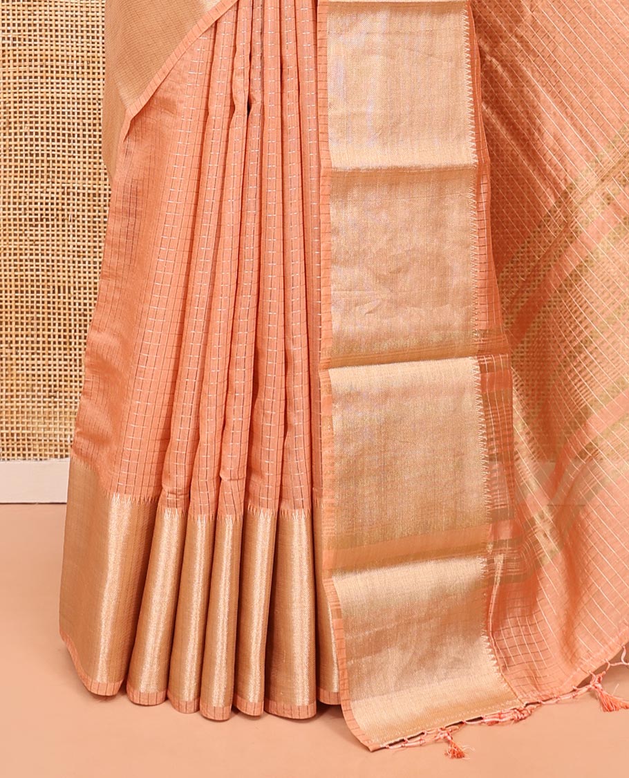 Peach Plain Assam Silk Saree, Complemented by a Contrast Traditional Zari Border, Zari-Design Pallu, and a Contrast Blouse