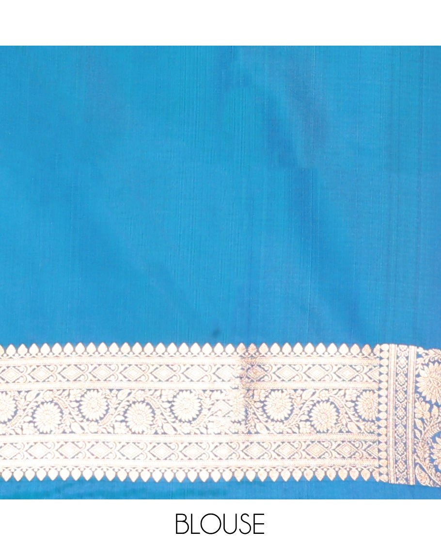 Blue Banarasi Nylon Saree, Decorated with Buttas, Floral Creeper Zari Border, Intricate Pallu, and a Matching Blouse