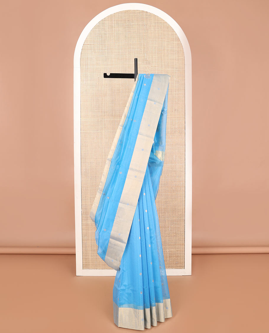 Light blue motifs chanderi cotton saree with contrast zari border & striped pallu