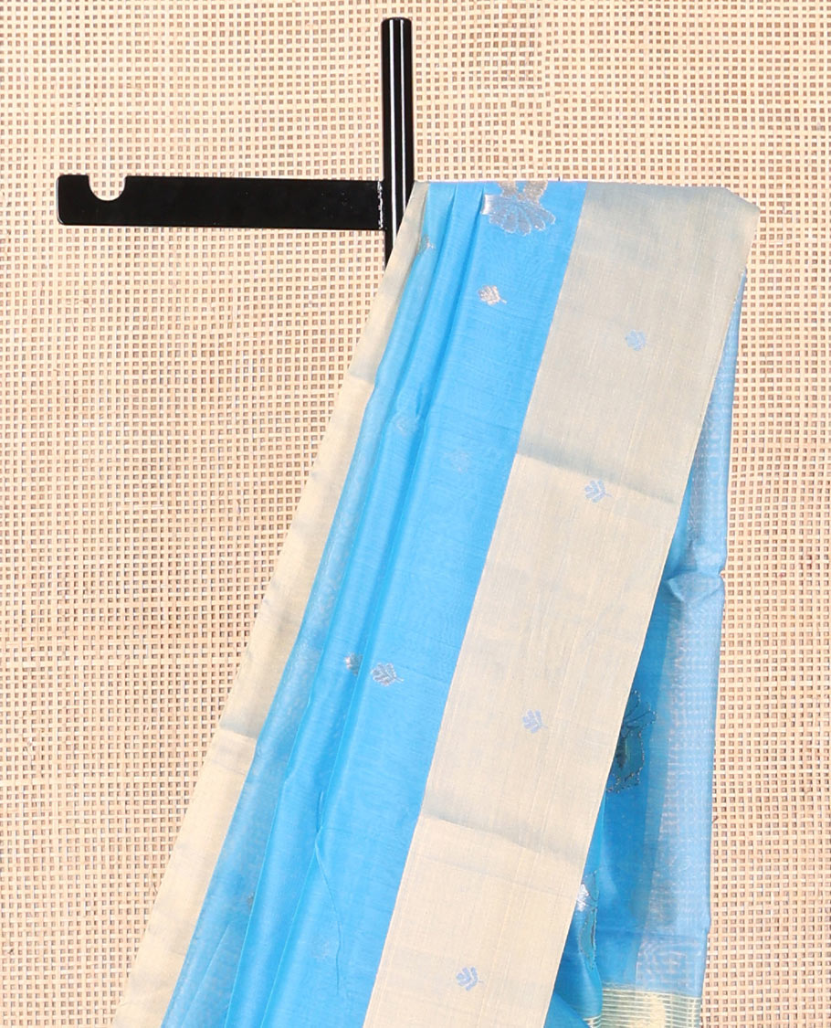 Light blue motifs chanderi cotton saree with contrast zari border & striped pallu