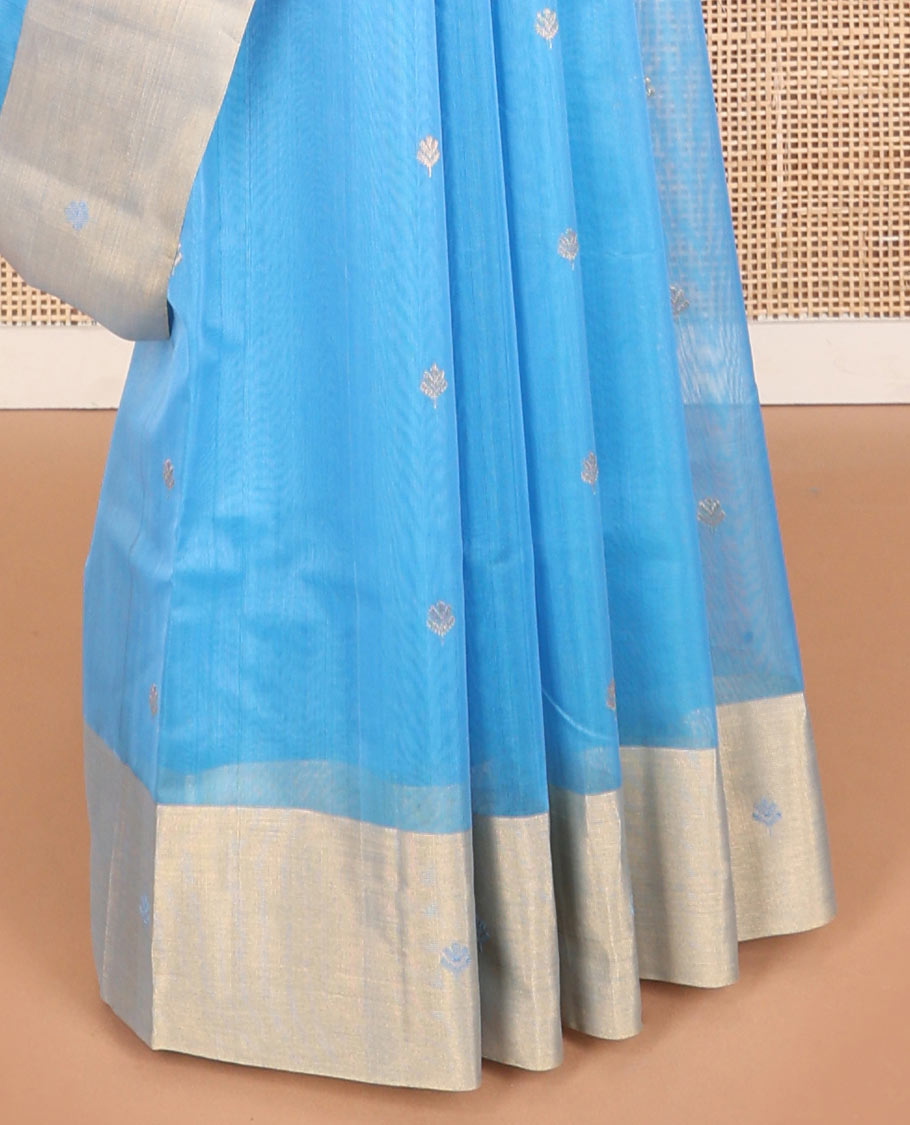 Light blue motifs chanderi cotton saree with contrast zari border & striped pallu