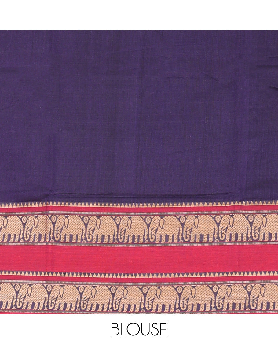 Navy blue plain Narayanapet cotton saree, contrast rettai pettu elephant border, and striped pallu