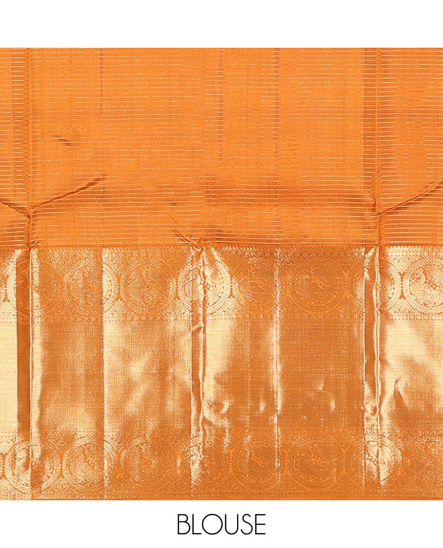 Mustard zari stripes and buttas Kanchipuram silk saree, zari border of thilakam, paisa, round mayil, and mayil kann designs, and jaal pallu