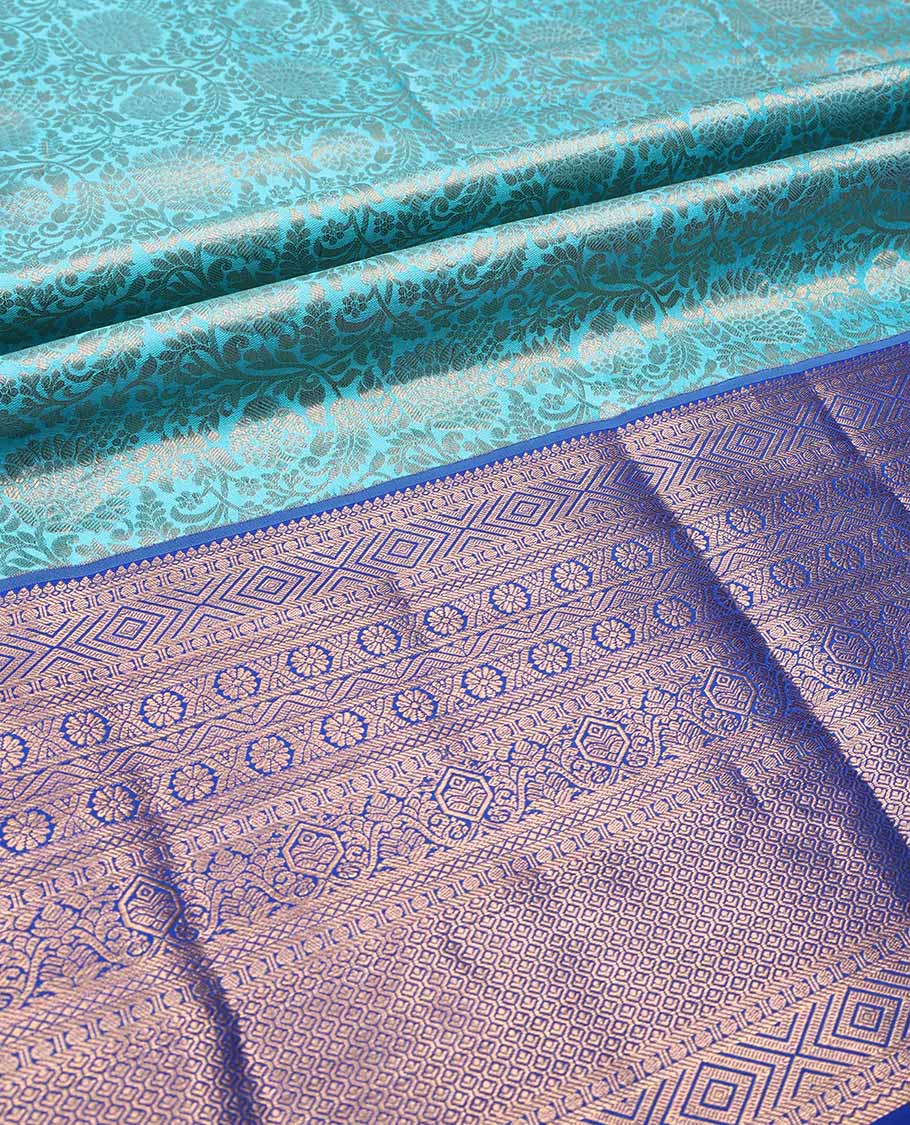 Blue pure silk half-saree, floral jaal jacquard with contrast traditional zari bordered skirt, contrast zari design blouse, and zari design dhavani