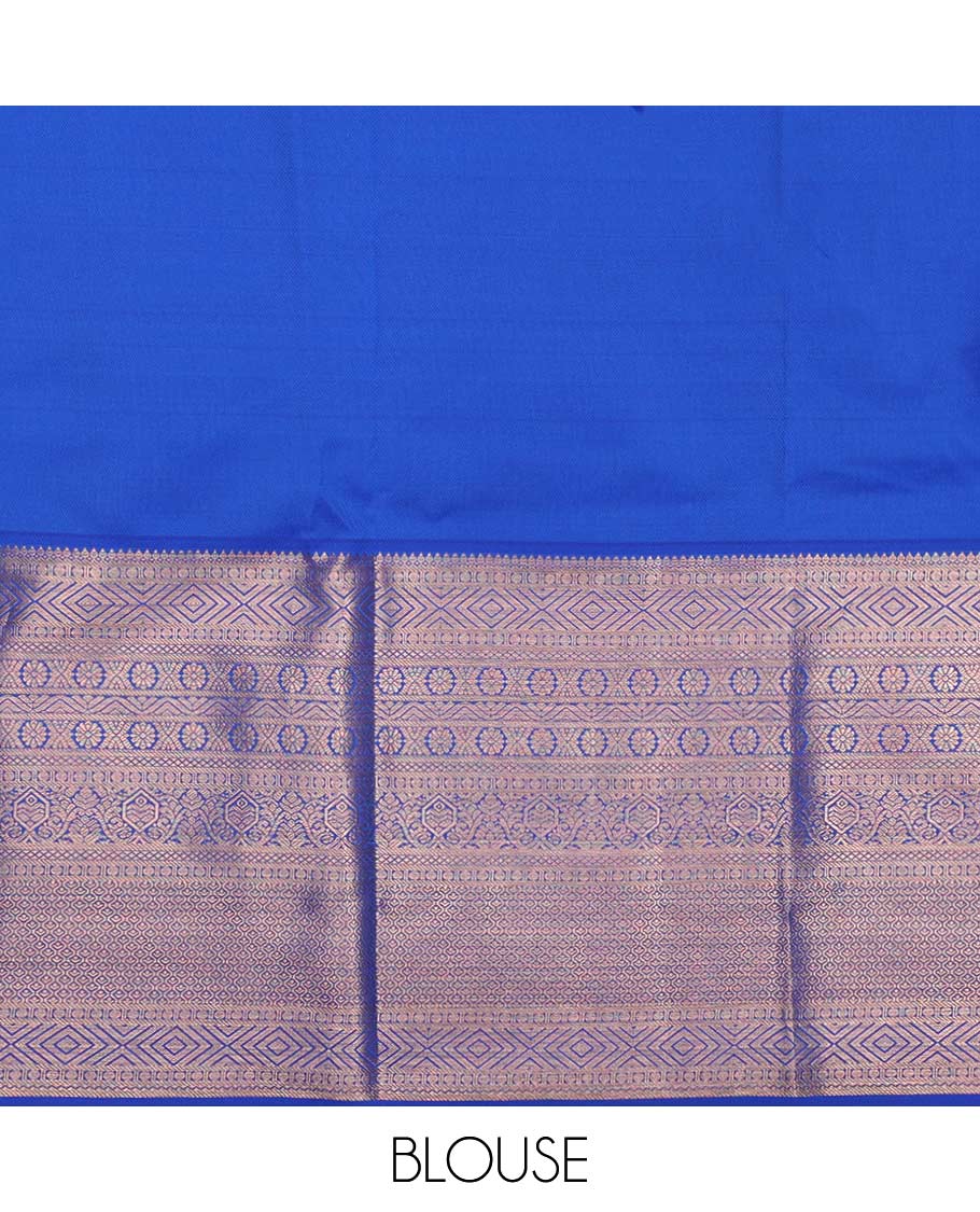 Blue pure silk half-saree, floral jaal jacquard with contrast traditional zari bordered skirt, contrast zari design blouse, and zari design dhavani