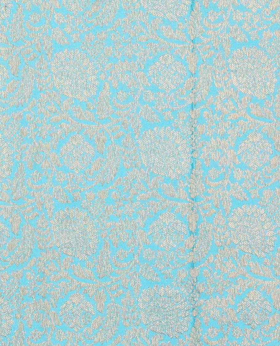 Blue pure silk half-saree, floral jaal jacquard with contrast traditional zari bordered skirt, contrast zari design blouse, and zari design dhavani