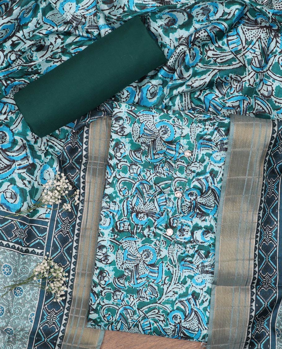 Green chudidhar material set, uniquely printed cotton top, plain bottom & dupatta of unique & patola-style print