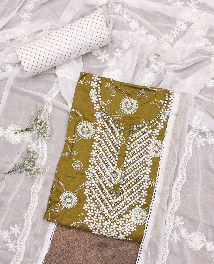 Green Material Chudidar Set, Elevated with Intricately Printed and Neck Embroidery Rayon Top, a Contrast Polka Dot Printed Bottom, and Paired with Embroidered Chiffon Dupatta