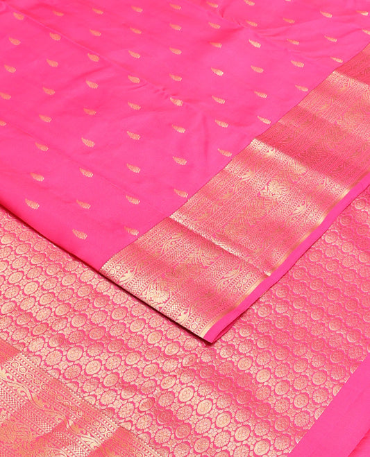 Pink zari buttas vasundhara silk mix saree, zari border of rekku,muthu,bentex & kodi visiry & chakram motifs steeped pallu