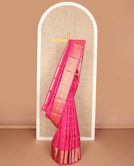 Pink zari buttas vasundhara silk mix saree, zari border of rekku,muthu,bentex & kodi visiry & chakram motifs steeped pallu