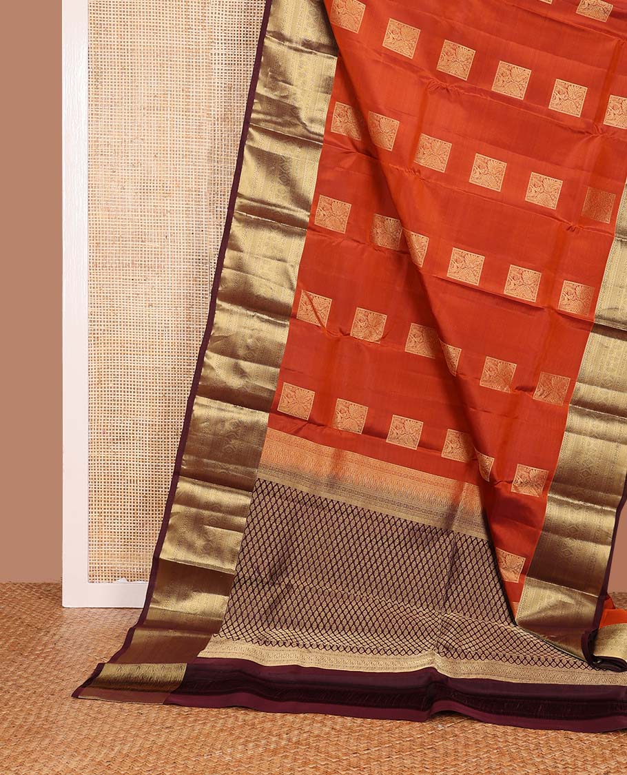 Orange zari buttas Vasundhara silk mix saree, contrast traditional zari design border, and jaal pallu
