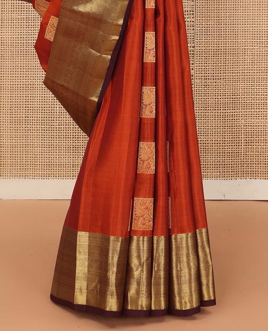 Orange zari buttas Vasundhara silk mix saree, contrast traditional zari design border, and jaal pallu