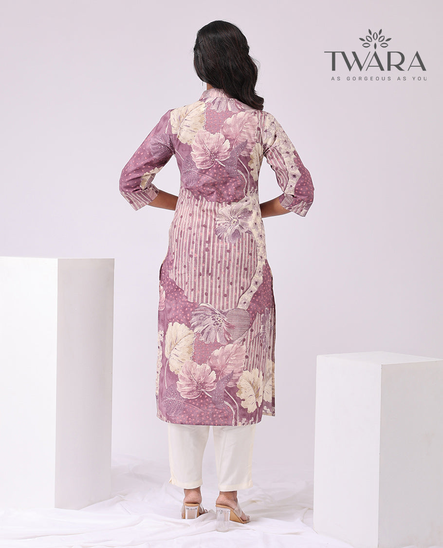 Twara mauve floral printed v neck 3/4 th sleeve , knee length straight cut kurti