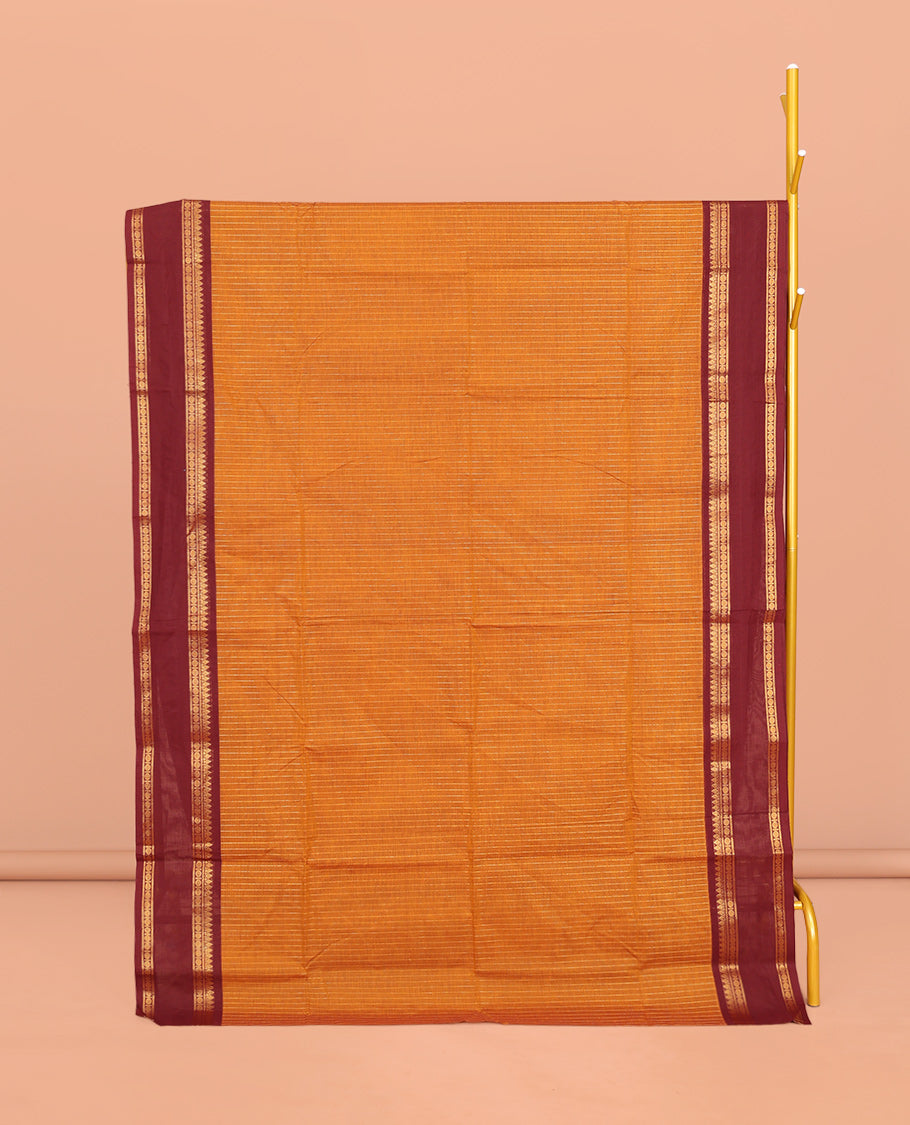 Orange Chettinad Cotton Saree, Woven with Stripes, Complemented by Contrast Rettai Pettu Traditional Zari Border, Striped Pallu, and a Matching Blouse