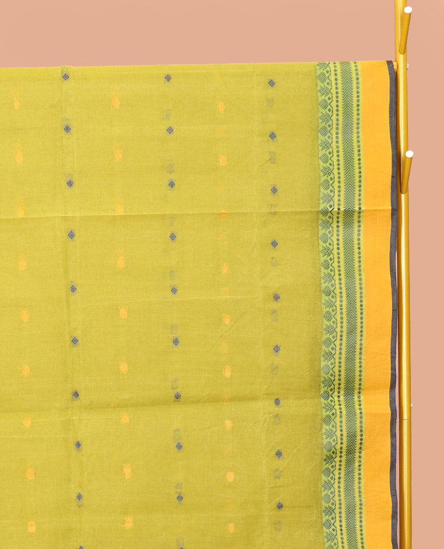 Green Bengal Cotton Saree, Featuring Buttas, Contrast Traditional Design Border, a Pallu of Stripes and Buttas, and a Matching Blouse