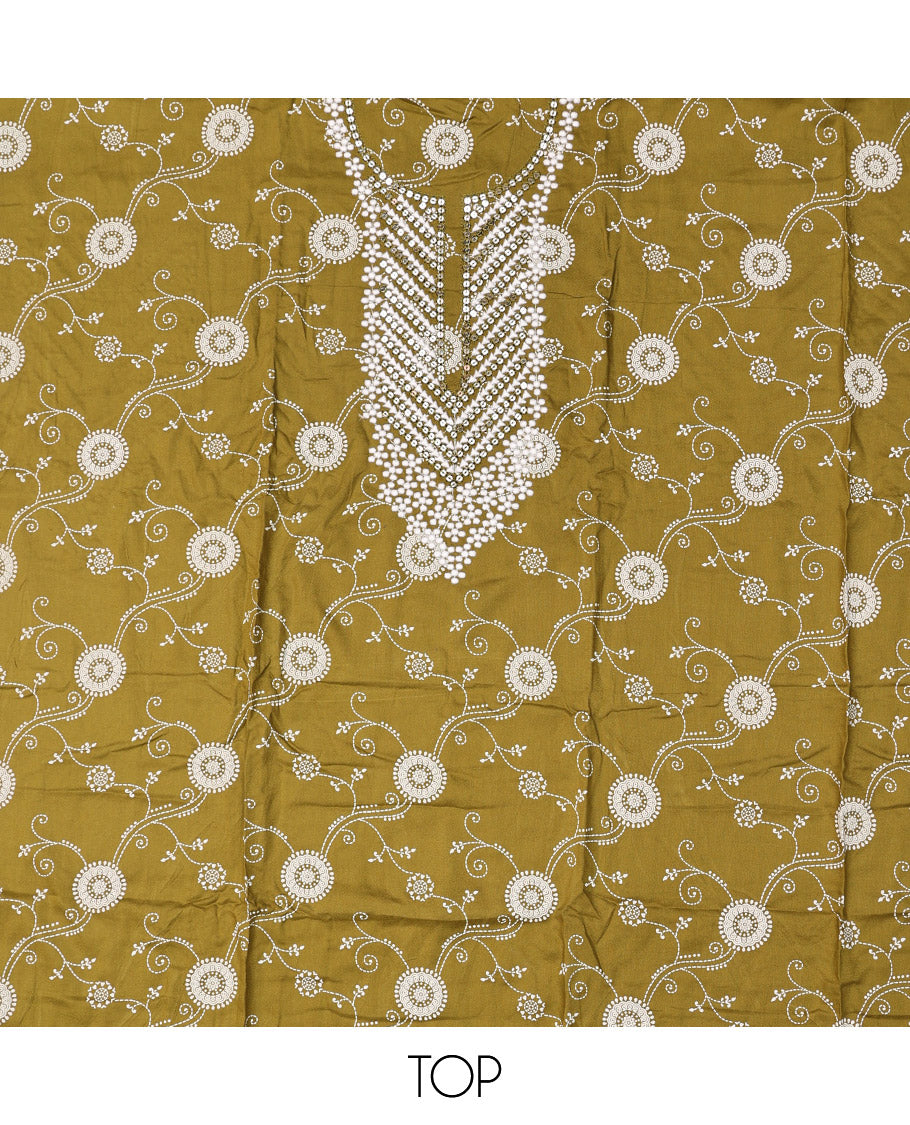 Green Material Chudidar Set, Elevated with Intricately Printed and Neck Embroidery Rayon Top, a Contrast Polka Dot Printed Bottom, and Paired with Embroidered Chiffon Dupatta
