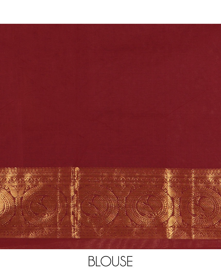 Coffee Brown Chettinad Cotton Saree, Subtly Sparkled with Buttas All Over Its Body, Highlighted Contrast by Zari Traditional Border of Round Chakram Designs, Pallu of Stripes and Buttas, and Paired with a Matching Blouse
