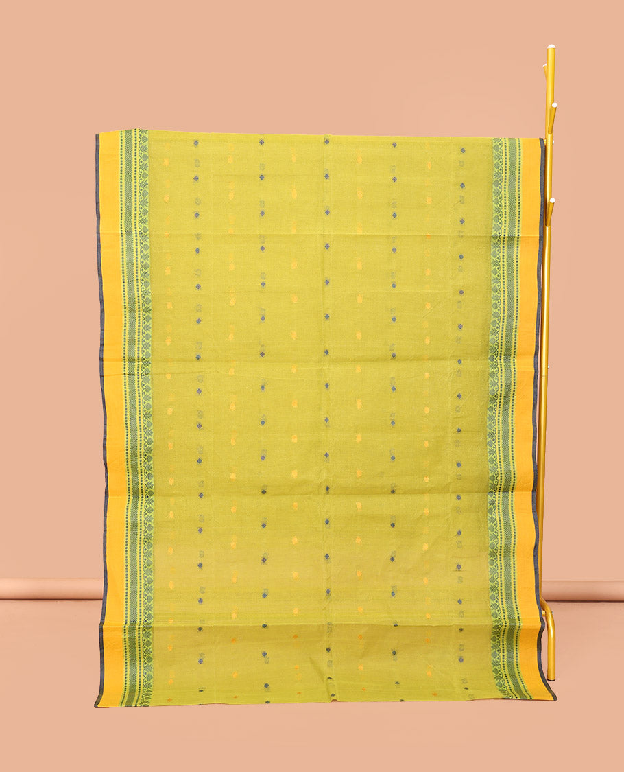 Green Bengal Cotton Saree, Featuring Buttas, Contrast Traditional Design Border, a Pallu of Stripes and Buttas, and a Matching Blouse