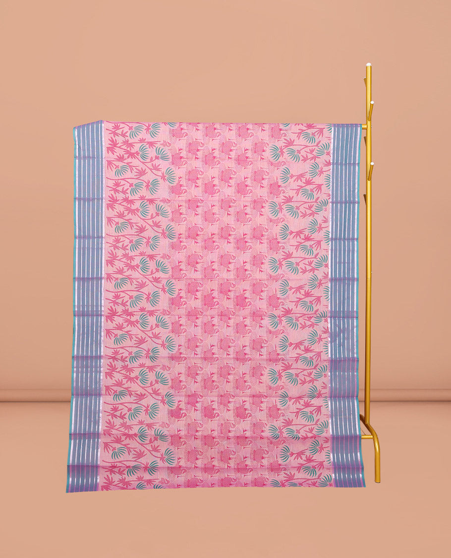 Pink Chirala Cotton Saree, Decked Up with Swan and Floral Print, Contrast Striped Border, Floral Printed Pallu, and a Matching Blouse