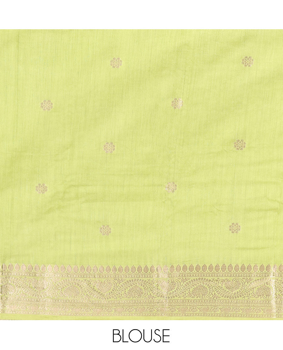 Green Assam Silk Saree, Bedecked with Zari Buttas, Complemented by a Contrast Zari Traditional Border, Zari-Striped Pallu, and a Contrast Blouse