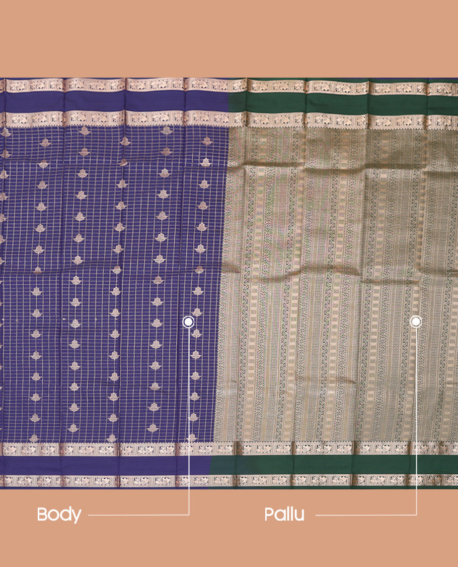 Blue Budget Silk Saree, Ornamented with Checks and Buttas, Highlighted by Traditional Rettai Pettu Zari Border, a Contrast Grand Pallu and a Contrast Blouse