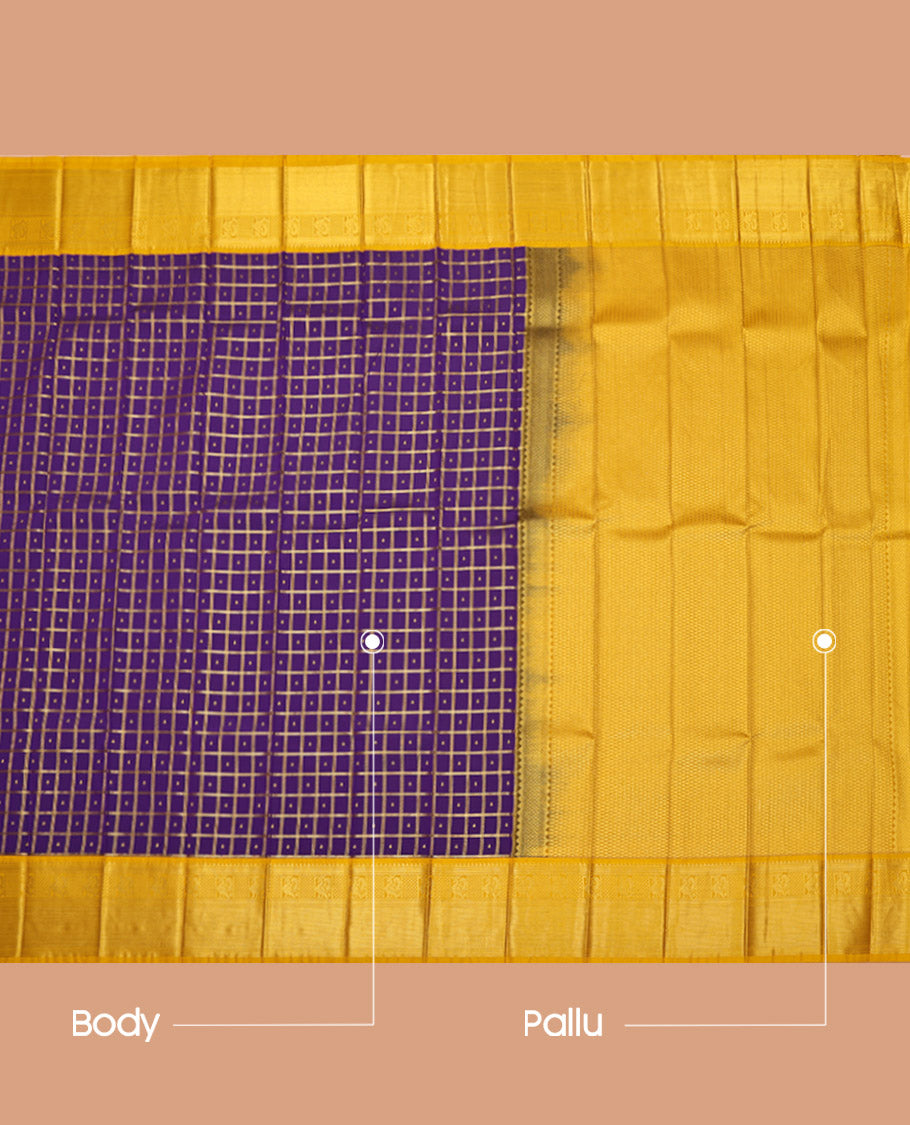 Violet Budget Silk Saree, Elegantly Framed with Zari Butta Enclosed Checks on Its Body, Complemented by a Contrast Traditional Zari Border, Sparsely Woven Pallu, and Paired with a Contrast Blouse