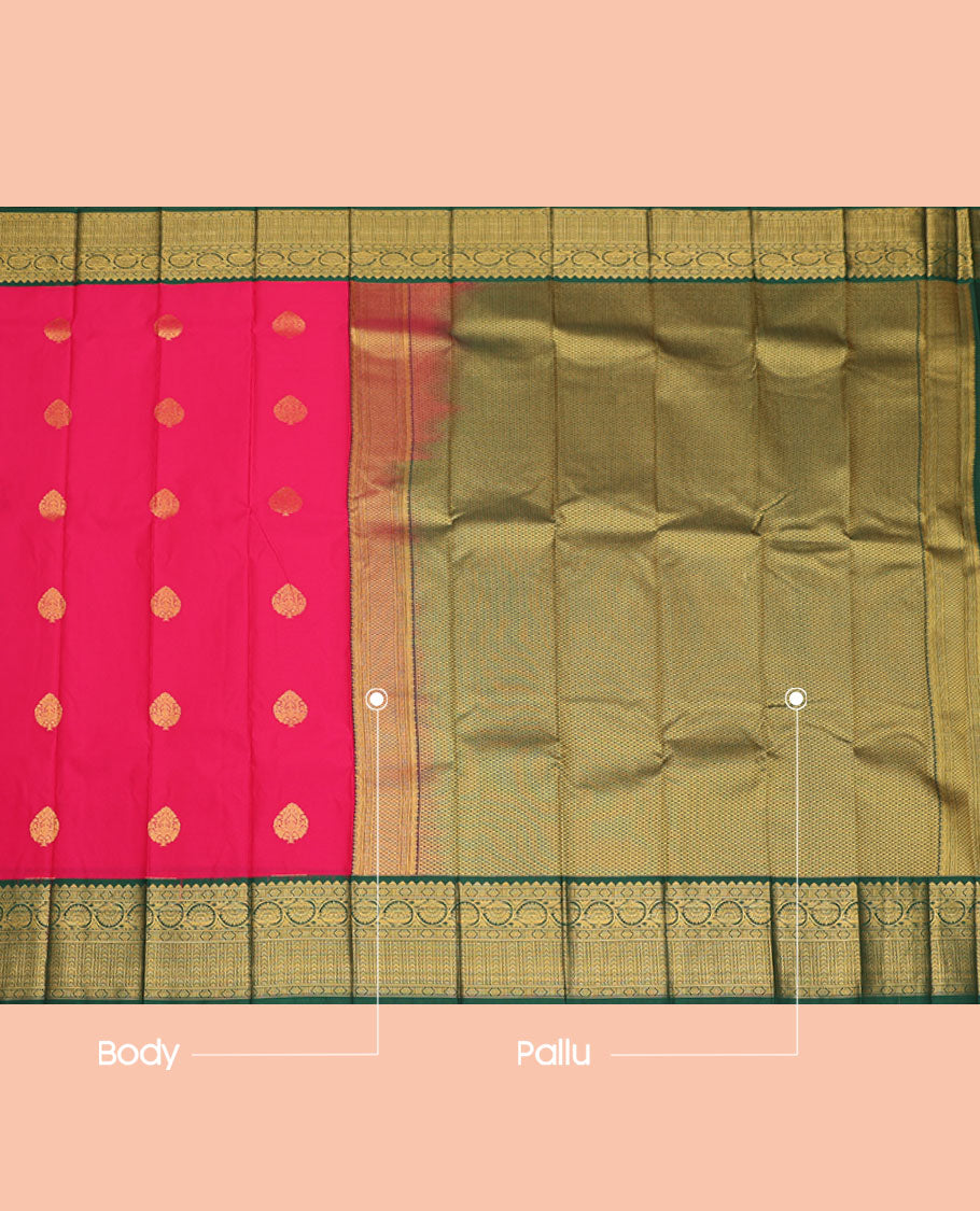 Pink Budget Silk Saree, Mesmerized with Zari Buttas, Contrast Traditional Zari Border, Grand Pallu, and a Contrast Blouse