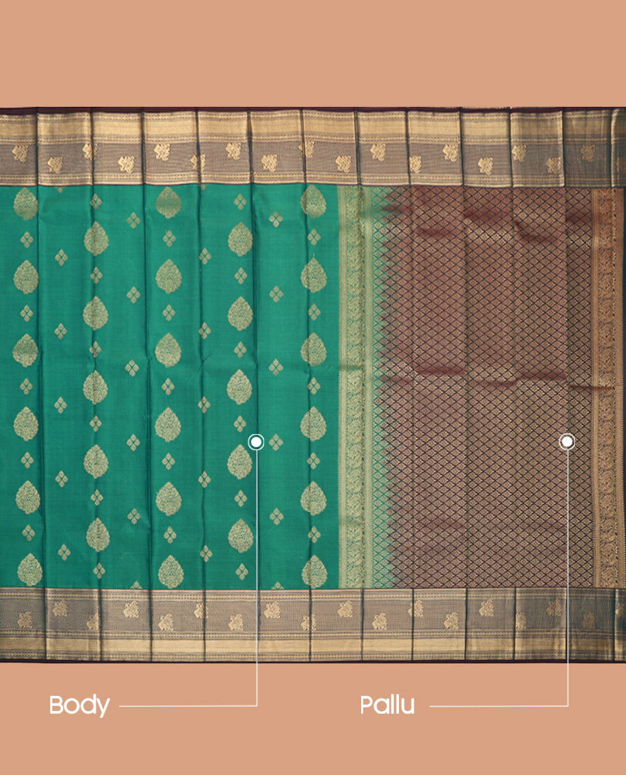 Green Budget Silk Saree, Enriched with Zari Buttas, Complemented by a Contrast Traditional Zari Border, Grand Pallu, and a Contrast Blouse