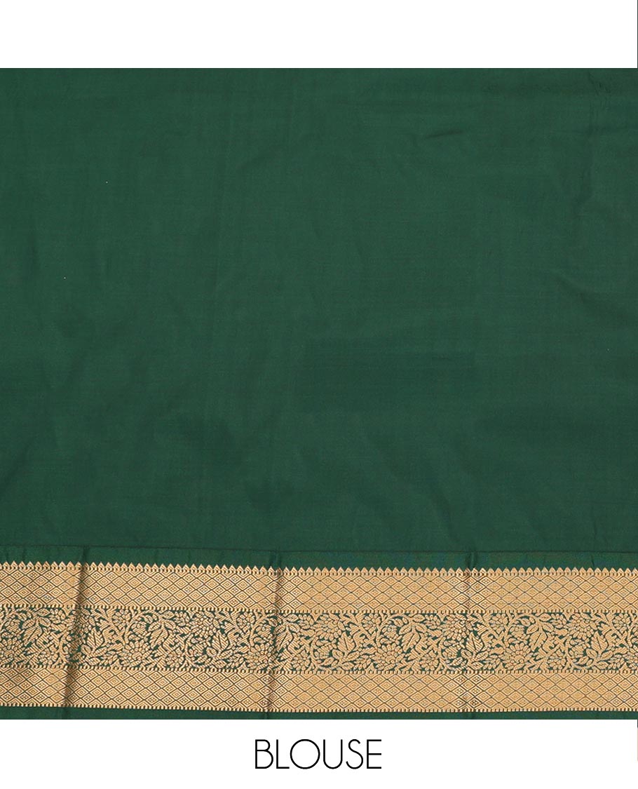Violet Art Silk Pavadai Material Set, Richly Detailed with Zari Stripes and Floral Buttas on Its Skirt, Complemented by a Contrast Traditional Zari Design Border, and Paired with a Contrast Blouse
