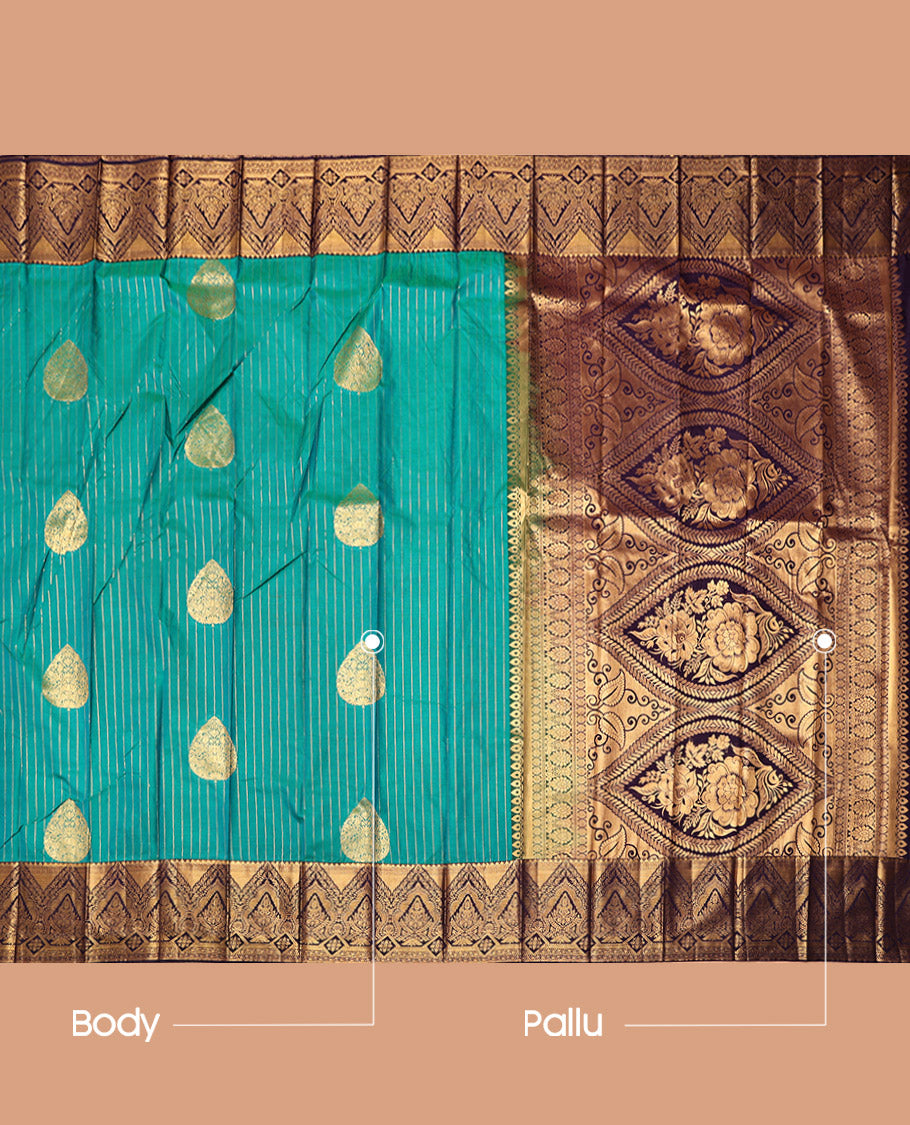 Green Budget Silk Saree, Majestically Detailed with Zari Buttas and Stripes, Complemented by a Contrast Traditional Zari Border, Intricate Pallu, and a Contrast Blouse