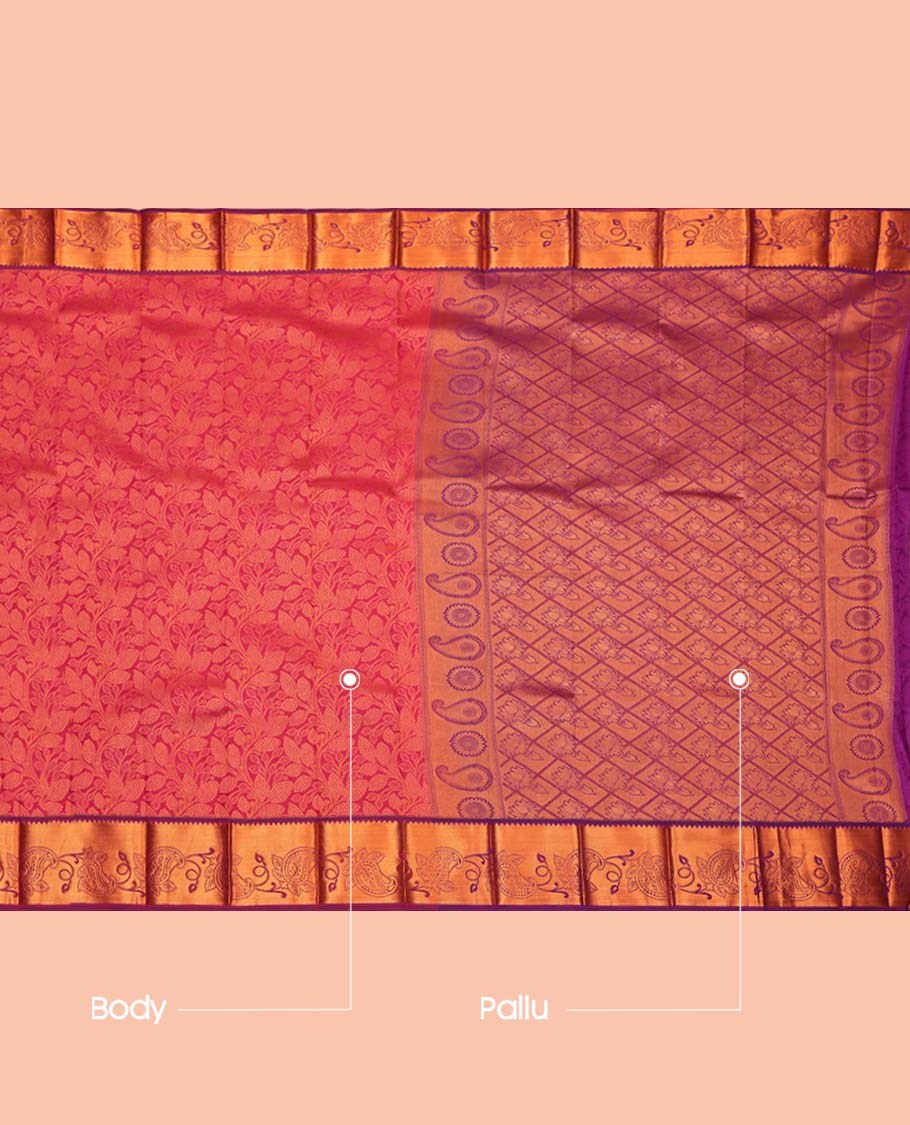 Magenta Budget Silk Saree, Detailed with a Floral Vine Design, Complemented by a Contrast Floral Creeper Zari Border, Grand Jaal Pallu, and a Contrast Blouse